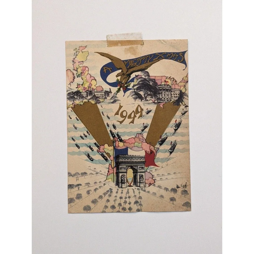 WWII 1944 Christmas Card by Celia Engel Arc de Triomphe Allied Invasion Art Note